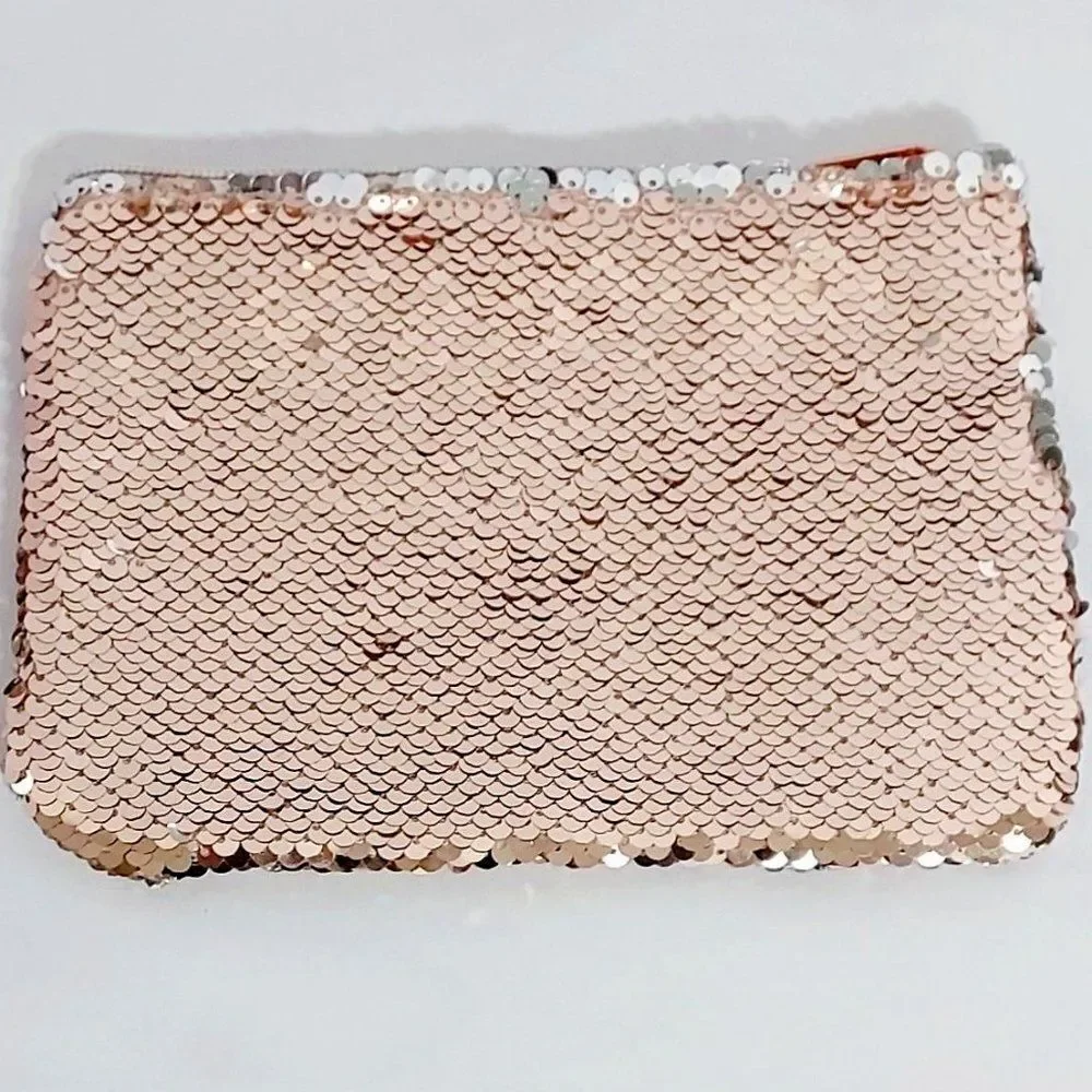 Cosmetic Makeup Bag/Clutch/Pouch, Pink Rose Gold Glitter Sequins NWOT
